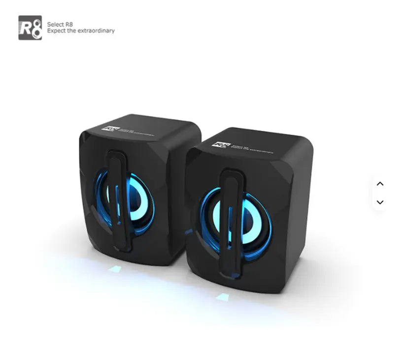 Parlantes para PC Multimedia 2.0 R8 SP-06 con Iluminación LED y Conexión USB/3.5mm