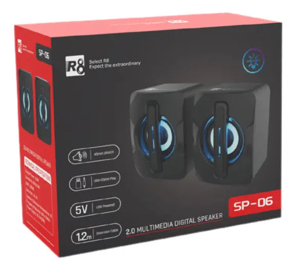 Parlantes para PC Multimedia 2.0 R8 SP-06 con Iluminación LED y Conexión USB/3.5mm