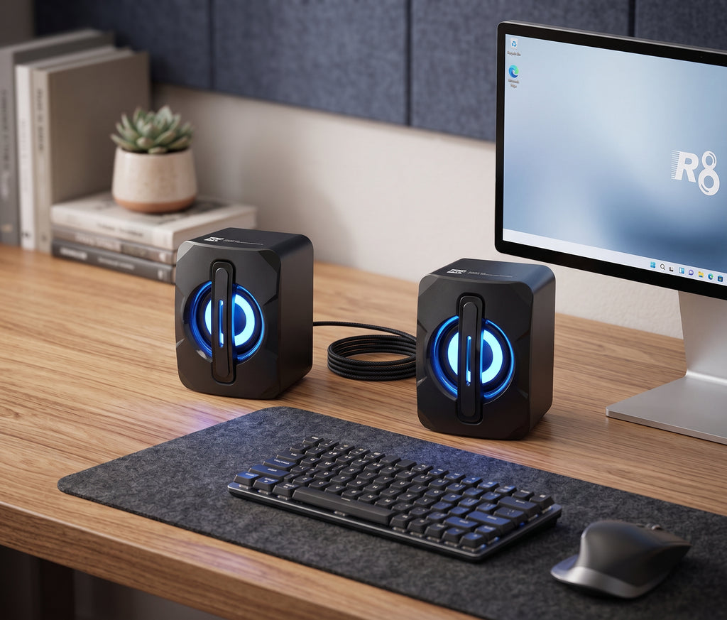 Parlantes para PC Multimedia 2.0 R8 SP-06 con Iluminación LED y Conexión USB/3.5mm